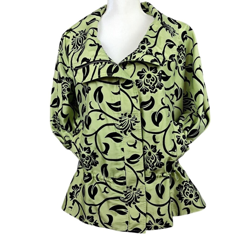 LINDI L Taffeta Jacket Zip Drawstring Waist Peplum‎ Neon Green Black Funky Artsy